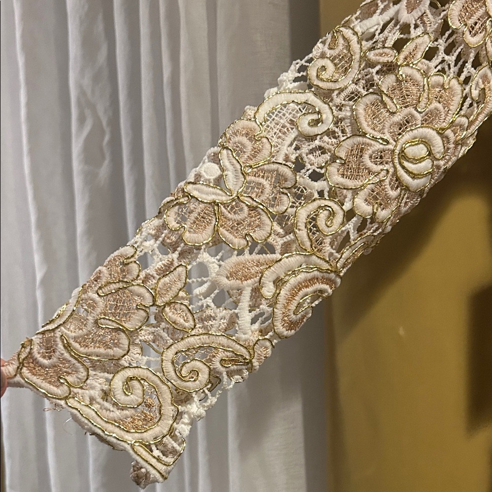 VENUS Lace Long Sleeve Dress in Cream and Gold with Expose back. Nude liner - Picture 7 of 11